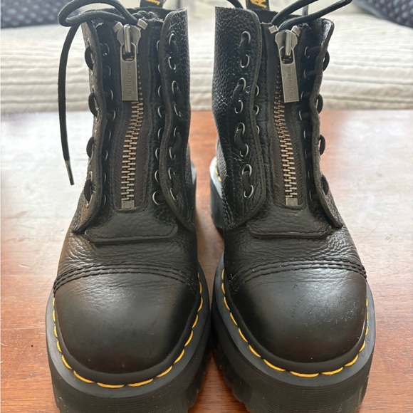 Dr. Martens Black Leather Platform Combat Boots with Yellow Stitching - Picture 2 of 7